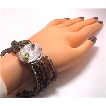 18k Gold & .925 Sterling Silver Genuine Mother Of Pearl Cameo, Genuine Smooky & Rose Quartz, Peridot & Garnet Large Bracelet