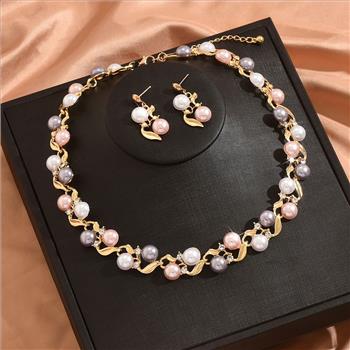 18K Gold Overlay 10mm Multicolor Pearls & Diamonique Diamond  Necklace & Earrings Set