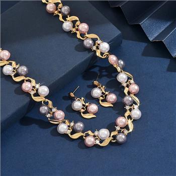 18K Gold Overlay 10mm Multicolor Pearls & Diamonique Diamond  Necklace & Earrings Set
