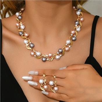 18K Gold Overlay 10mm Multicolor Pearls & Diamonique Diamond  Necklace & Earrings Set