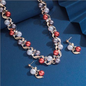 18K Gold Overlay 10mm Multicolor Pearls & Diamonique Diamond  Necklace & Earrings Set