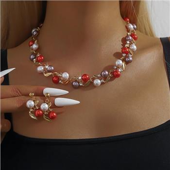 18K Gold Overlay 10mm Multicolor Pearls & Diamonique Diamond  Necklace & Earrings Set