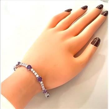 18k Gold Overlay 17.00ctw Amethyst & Diamonique Diamond Tennis Bracelet