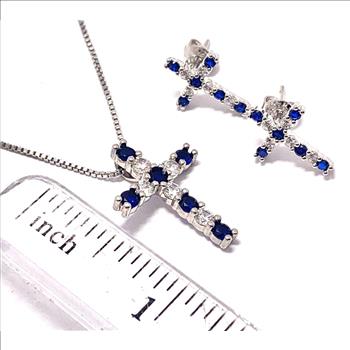 18k Gold Overlay 2.00ctw Sapphire & Diamonique Diamond  Cross Necklace & Earrings Set