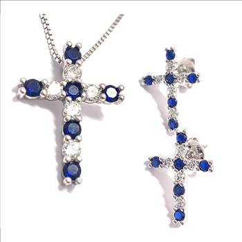 18k Gold Overlay 2.00ctw Sapphire & Diamonique Diamonds  Cross Necklace & Earrings Set