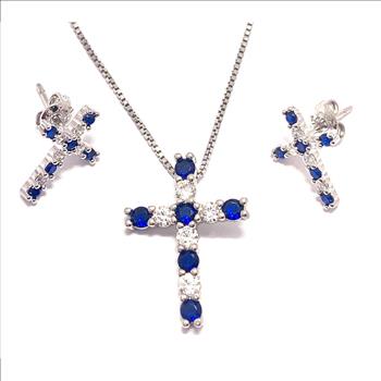 18k Gold Overlay 2.00ctw Sapphire & Diamonique Diamonds  Cross Necklace & Earrings Set