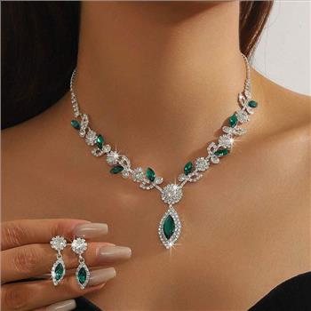18k Gold Overlay 35.00ctw Emerald & Diamonique Diamond Necklace & Earrings Set