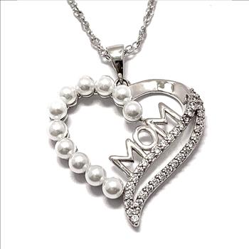 18k Gold Overlay 3mm White Pearl & Diamonique Diamonds Heart Necklace
