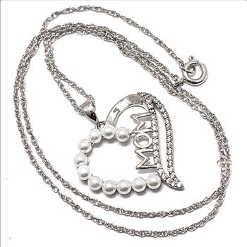 18k Gold Overlay 3mm White Pearl & Diamonique Diamonds Heart Necklace