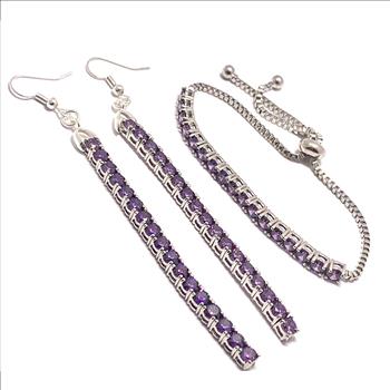 18k Gold Overlay 8.00ctw Amethyst Adjustable Bracelet & Dangle Earrings Set