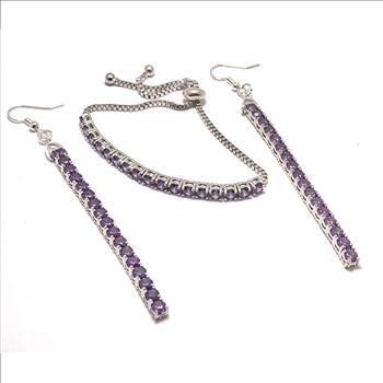 18k Gold Overlay 8.00ctw Amethyst Adjustable Bracelet & Dangle Earrings Set