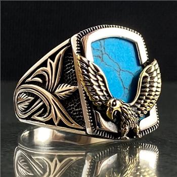 18K Gold Overlay Eagle Design Turquoise Mens Ring Size 10
