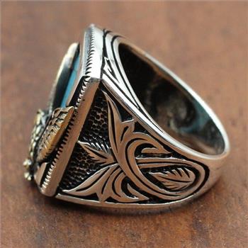 18K Gold Overlay Eagle Design Turquoise Mens Ring Size 10