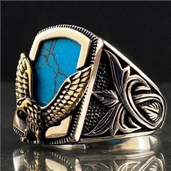 18K Gold Overlay Eagle Design Turquoise Mens Ring Size 10