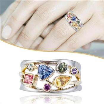 18K Gold Overlay Modern Design Multicolor Stones Ladies Ring Size 7