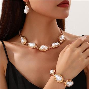 18K Gold Overlay Mother of Pearl Set Necklace, Bracelet & Earrings