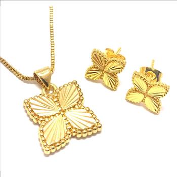 18k Yellow Gold Overlay Set Fancy Necklace & Earrings