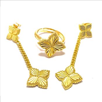 18k Yellow Gold Overlay Set Fancy Ring & Earrings