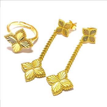 18k Yellow Gold Overlay Set Fancy Ring & Earrings