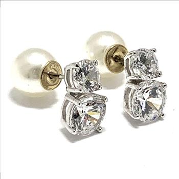 2 IN 1 Reversable Design .925 Sterling Silver 2.00ctw Diamonique Diamond & 8mm White Pearl Stud Earrings