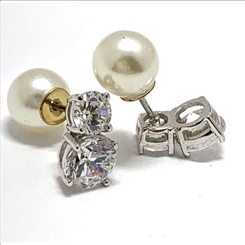 2 IN 1 Reversable Design .925 Sterling Silver 2.00ctw Diamonique Diamond & 8mm White Pearl Stud Earrings