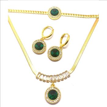 35.50ctw Emerald & CZ Set Fancy Necklace, Bracelet & Earrings
