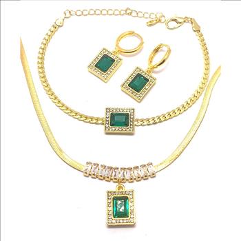 35.50ctw Emerald & CZ Set Fancy Necklace, Bracelet & Earrings