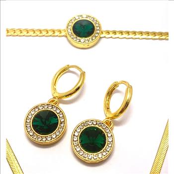 35.50ctw Emerald & CZ Set Fancy Necklace, Bracelet & Earrings
