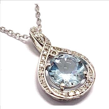 $509 Colore SG Lorenzo .925 Sterling Silver 1.48ctw Genuine Aquamarine & 23 Genuine 0.094ctw Diamonds Necklace