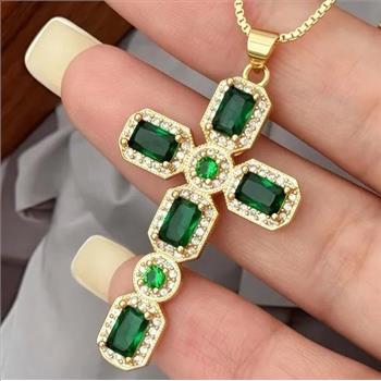 5.50ctw Emerald & White Sapphire 18k Yellow Gold Overlay Cross Necklace