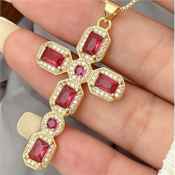 5.50ctw Ruby & White Sapphire 18k Yellow Gold Overlay Cross Necklace