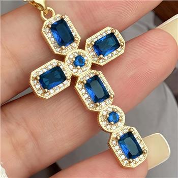 5.50ctw Sapphire & White Sapphire 18k Yellow Gold Overlay Cross Necklace