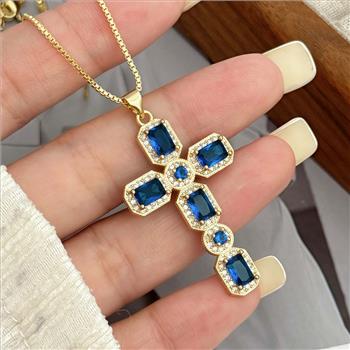 5.50ctw Sapphire & White Sapphire 18k Yellow Gold Overlay Cross Necklace