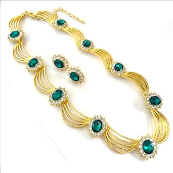 75.00ctw Emerald & CZ Set of Fancy Necklace & Earrings
