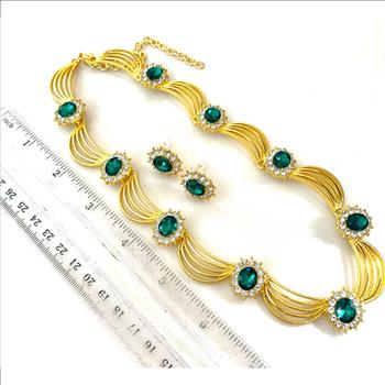 75.00ctw Emerald & CZ Set of Fancy Necklace & Earrings
