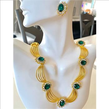 75.00ctw Emerald & CZ Set of Fancy Necklace & Earrings