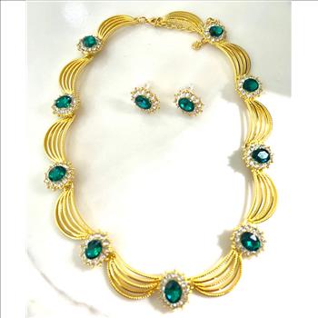 75.00ctw Emerald & CZ Set of Fancy Necklace & Earrings