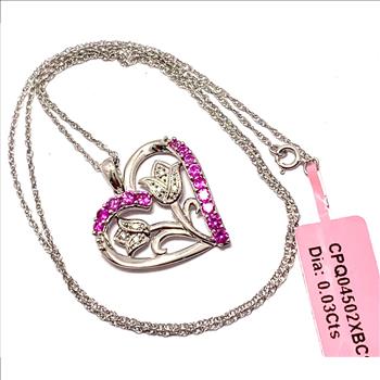 $89 Retail .925 Sterling Silver & 18k WG   0.03ctw Genuine Diamond & 0.50ctw Pink Topaz Heart Necklace