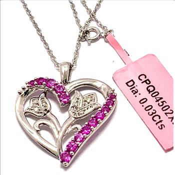$89 Retail .925 Sterling Silver & 18k WG   0.03ctw Genuine Diamonds & 0.50ctw Pink Topaz Heart Necklace