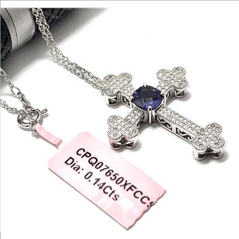 .925 Sterling Silver & 14k Gold 0.14ctw NaturalDiamond & 1.00ct Sapphire Antique Design Cross Necklace