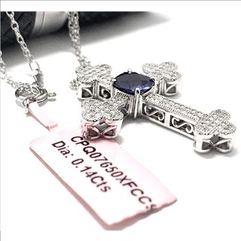 .925 Sterling Silver & 14k Gold 0.14ctw Real Diamond & 1.00ct Sapphire Antique Design Cross Necklace