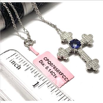 .925 Sterling Silver & 14k Gold 0.14ctw Real Diamond & 1.00ct Sapphire Antique Design Cross Necklace