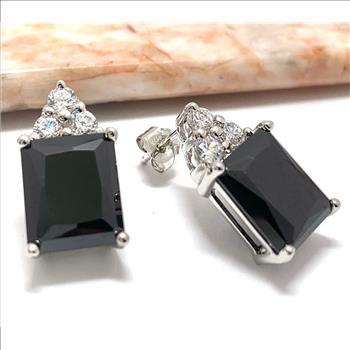 .925 Sterling Silver & 14k Whi.te Gold 12.00 ctw Black Spinel & 0.60ctw White Topaz Stud Earrings