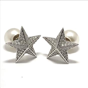 .925 Sterling Silver & 14k White Gold  “2 in1”  Design 0.75ctw Diamonique Diamond  & 8mm White Pearl Stud Earrings