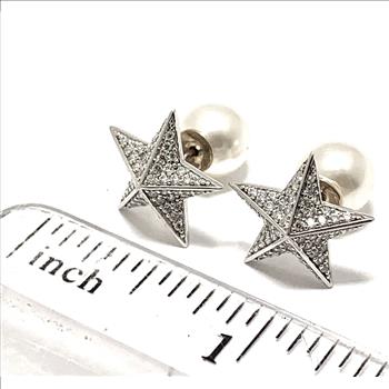 .925 Sterling Silver & 14k White Gold  “2 in1”  Design 0.75ctw Diamonique Diamond  & 8mm White Pearl Stud Earrings