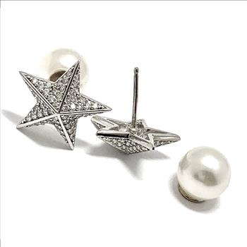 .925 Sterling Silver & 14k White Gold  “2 in1”  Design 0.75ctw Diamonique Diamond  & 8mm White Pearl Stud Earrings