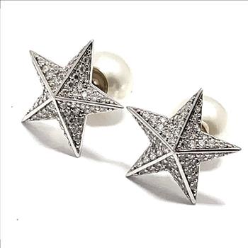 .925 Sterling Silver & 14k White Gold  “2 in1”  Design 0.75ctw Diamonique Diamond  & 8mm White Pearl Stud Earrings