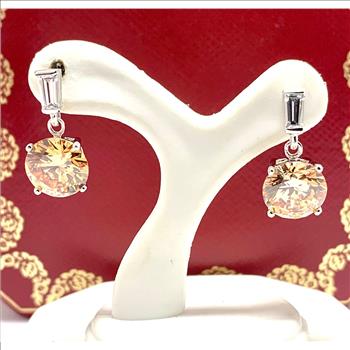 .925 Sterling Silver & 14k White Gold 8.00ctw Champagne Topaz & 0.10ctw Diamonique Diamond Earrings