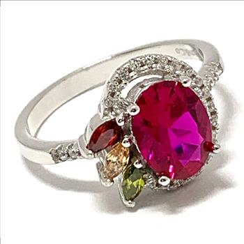 .925 Sterling Silver & 18k White Gold 4.75ctw Diamonique Diamond, Ruby & Multicolor Stones Ring