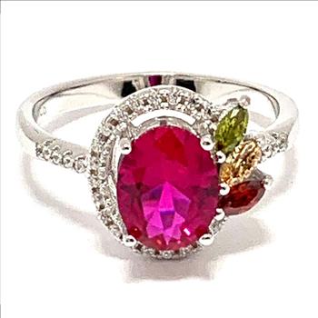 .925 Sterling Silver & 18k White Gold 4.75ctw Diamonique Diamond, Ruby & Multicolor Stones Ring